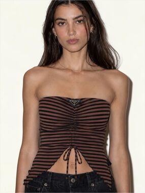 Upcycled Prada Hardware on UO top Brown & Black Striped Strapless Ruched Top